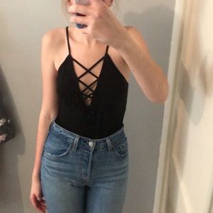 Express One Eleven Lace-Up Black Tank Top